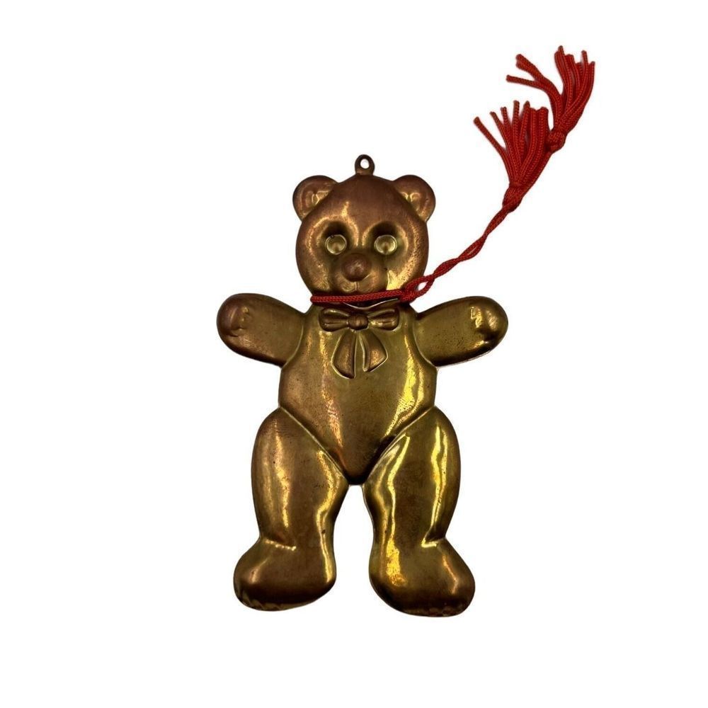 Brass Teddy Christmas Tree Holiday Ornament Vintage 4"